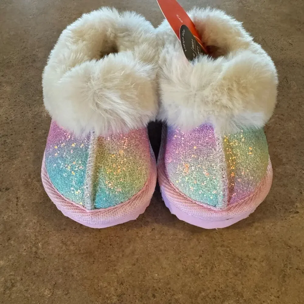 Adorable Infant Glitter Faux Fur Lined Slippers in Pastel Rainbow 3 Cozy NWTs